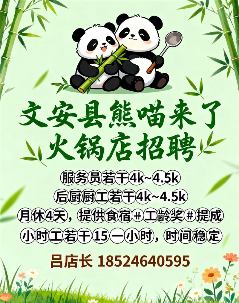文安县熊喵来了火锅店招聘